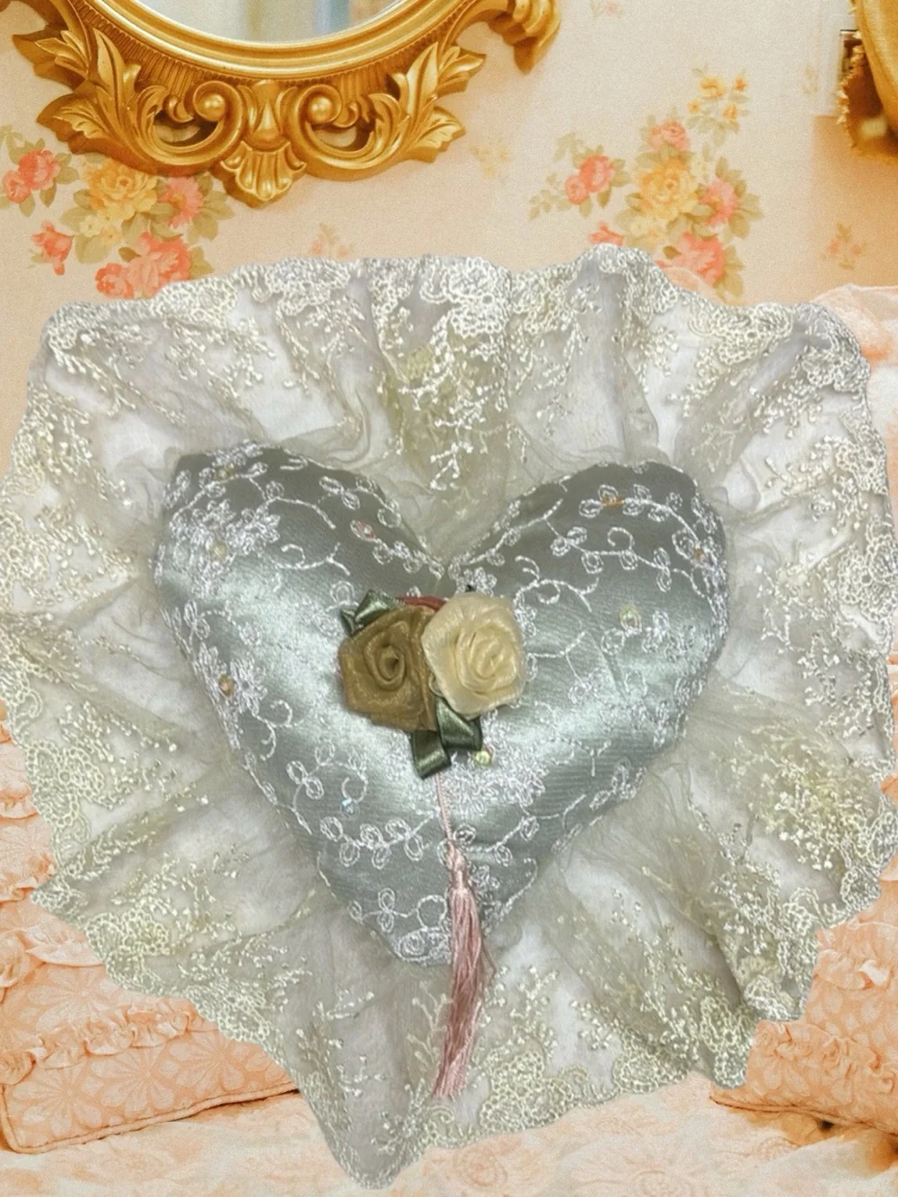 Victorian French Lover Lace Heart Pillow Hand Crafted Vintage Cottage Decor Pink